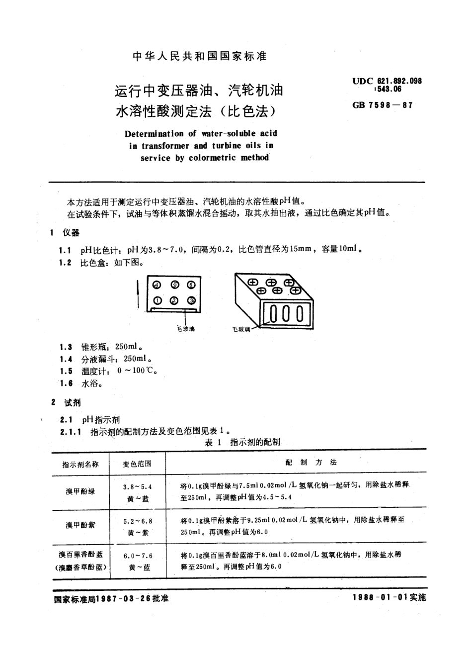 GBT 7598-1987 运行中变压器油、汽轮机油水溶性酸测定法 (比色法).pdf_第1页