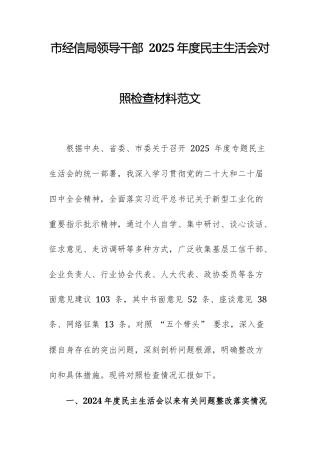 经信领导干部 2025年度民主生活会对照检查材料范文.docx