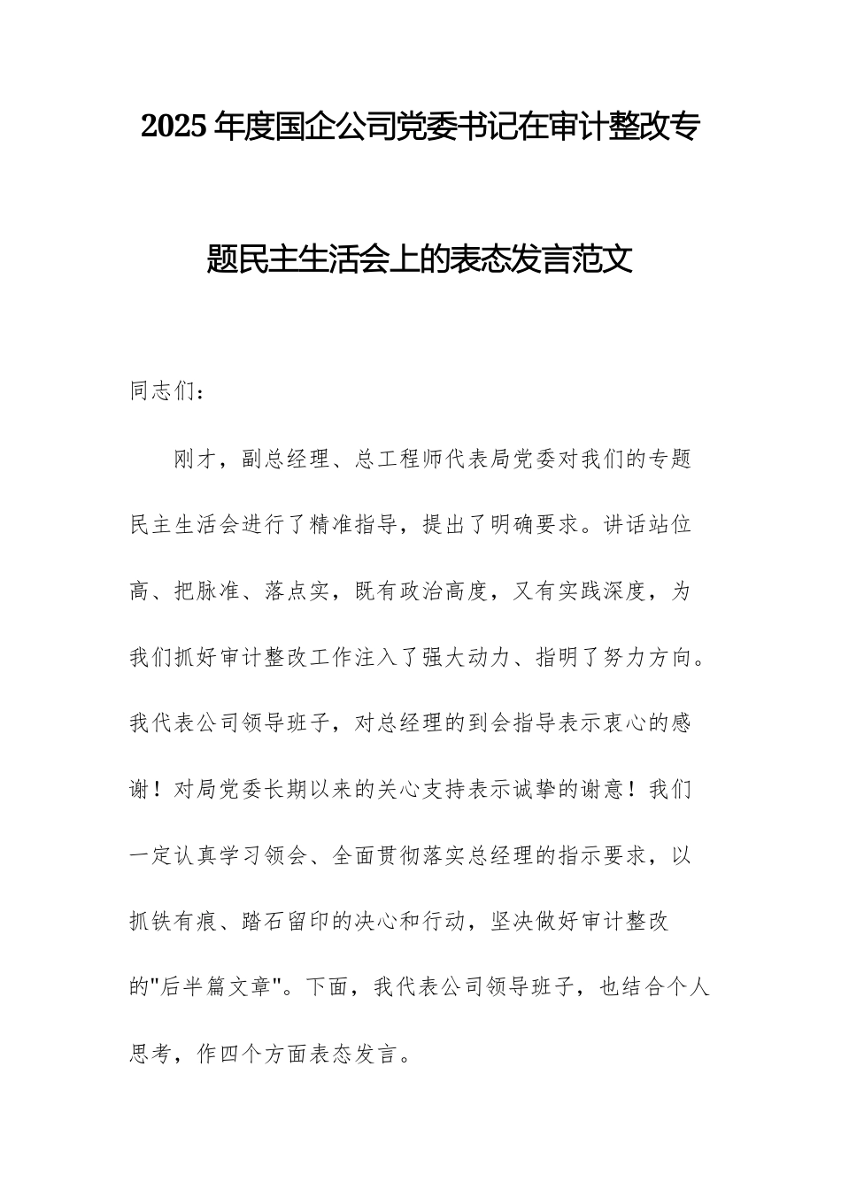 2025年度国企公司领导干部在审计整改专题民主生活会上的表态发言范文.docx_第1页