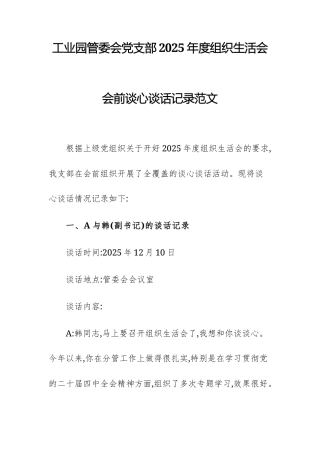 工业园管委会党支2025年度组织生活会会前谈心谈话记录范文.docx