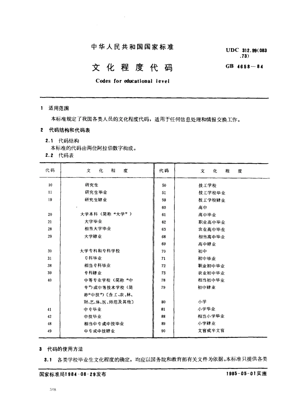 GBT 4658-1984 文化程度代码.pdf_第1页