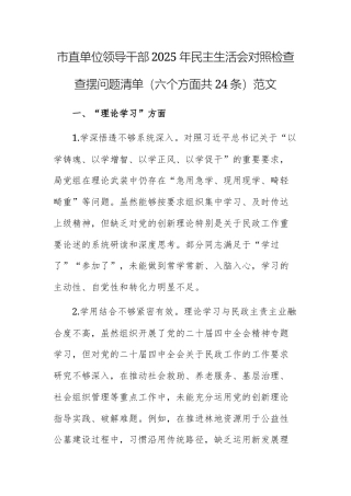机关单位领导干部2025年民主生活会对照检查查摆问题清单（六个方面共24条）范文.docx