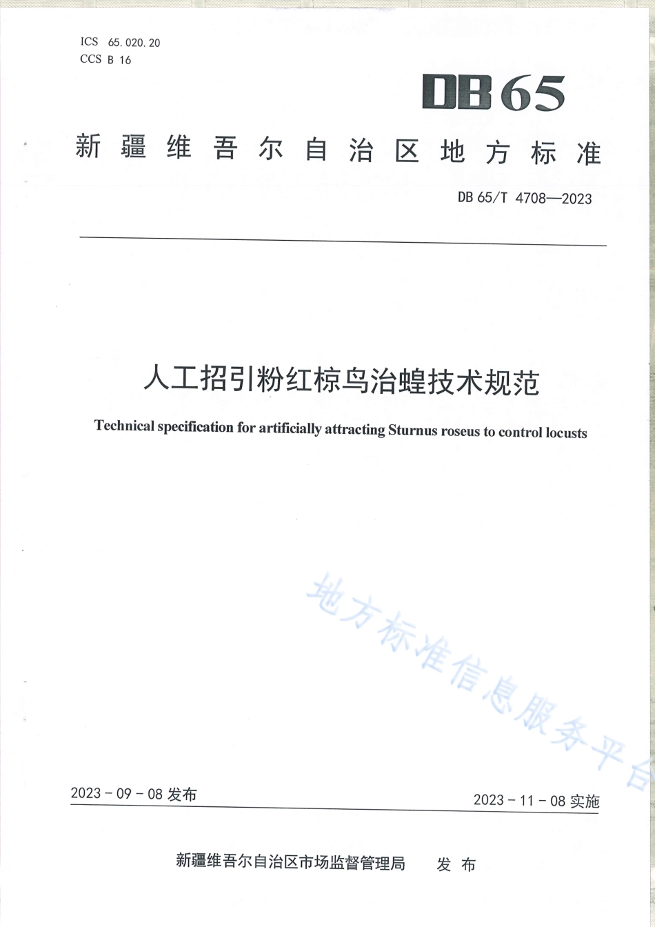 DB65_T4708-2023人工招引粉红椋鸟治蝗技术规范.pdf_第1页