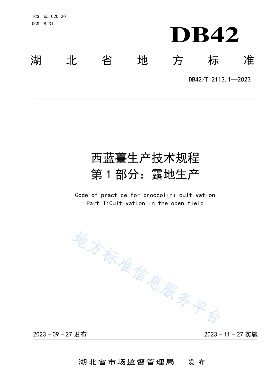 DB42_T 2113.1-2023西蓝薹生产技术规程 第1部分：露地生产.pdf_第1页