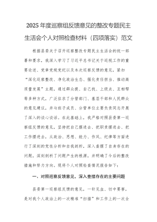 2025年度巡察组反馈意见的整改专题民主生活会个人对照检查材料（四项落实）范文.docx