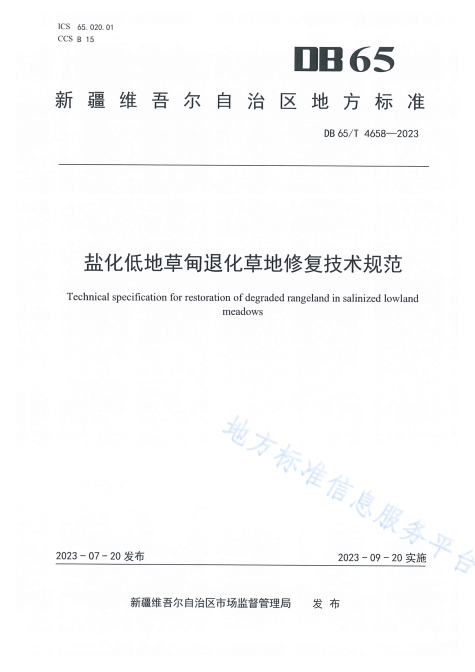DB65_T 4658-2023盐化低地草甸退化草地修复技术规范.pdf_第1页