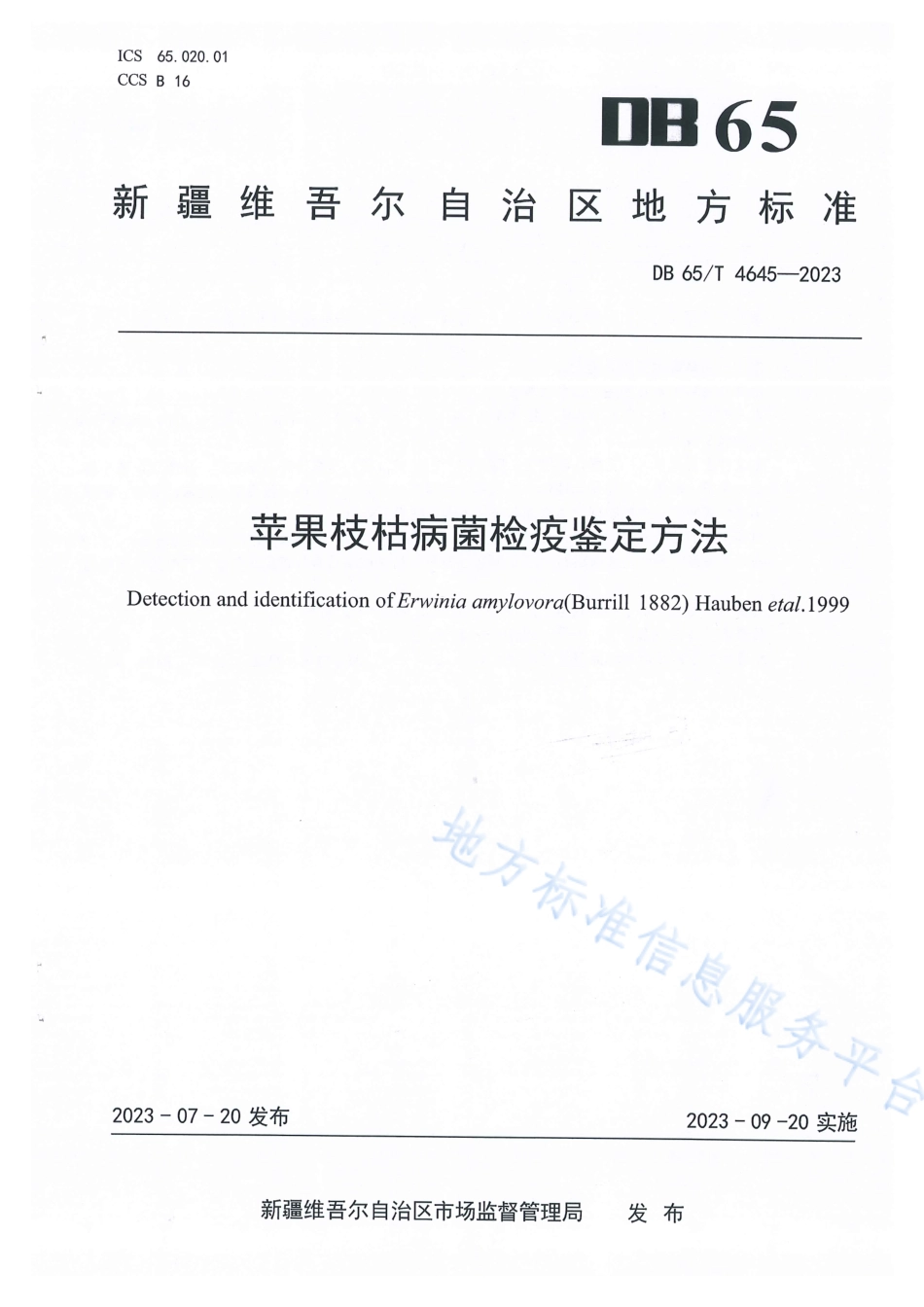 DB65_T 4645-2023苹果枝枯病菌检疫鉴定方法.pdf_第1页