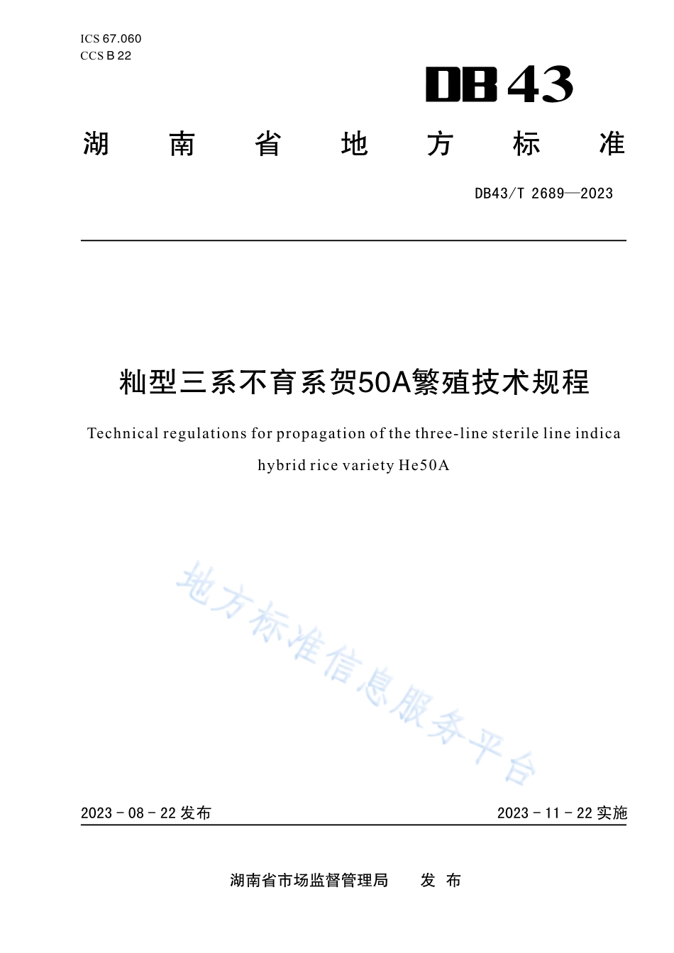 DB43_T 2689-2023籼型三系不育系贺50A繁殖技术规程.pdf_第1页
