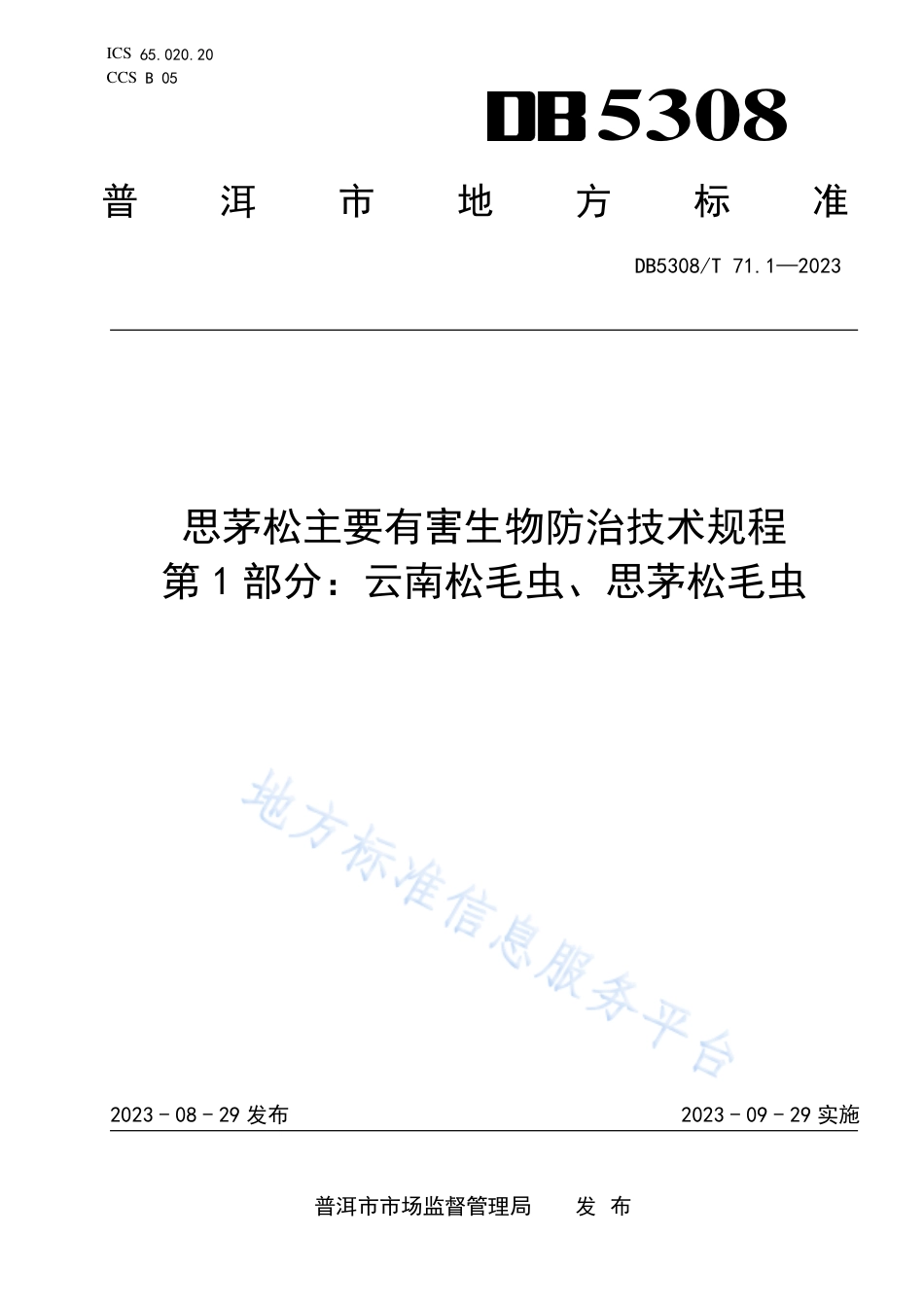 DB5308_T 71.1—2023思茅松主要有害生物防治技术规程 第1部分：云南松毛虫、思茅松毛虫.pdf_第1页