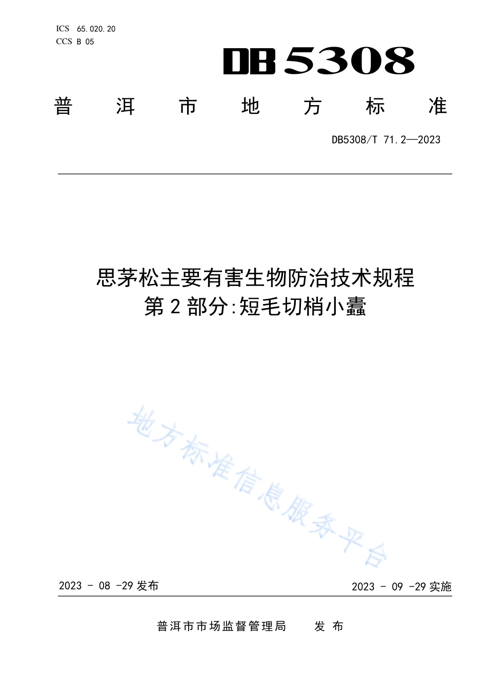DB5308_T 71.2—2023思茅松主要有害生物防治技术规程 第2部分_短毛切梢小蠹.pdf_第1页