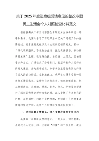 关于2025年度巡察组反馈意见的整改专题民主生活会个人对照检查材料范文.docx