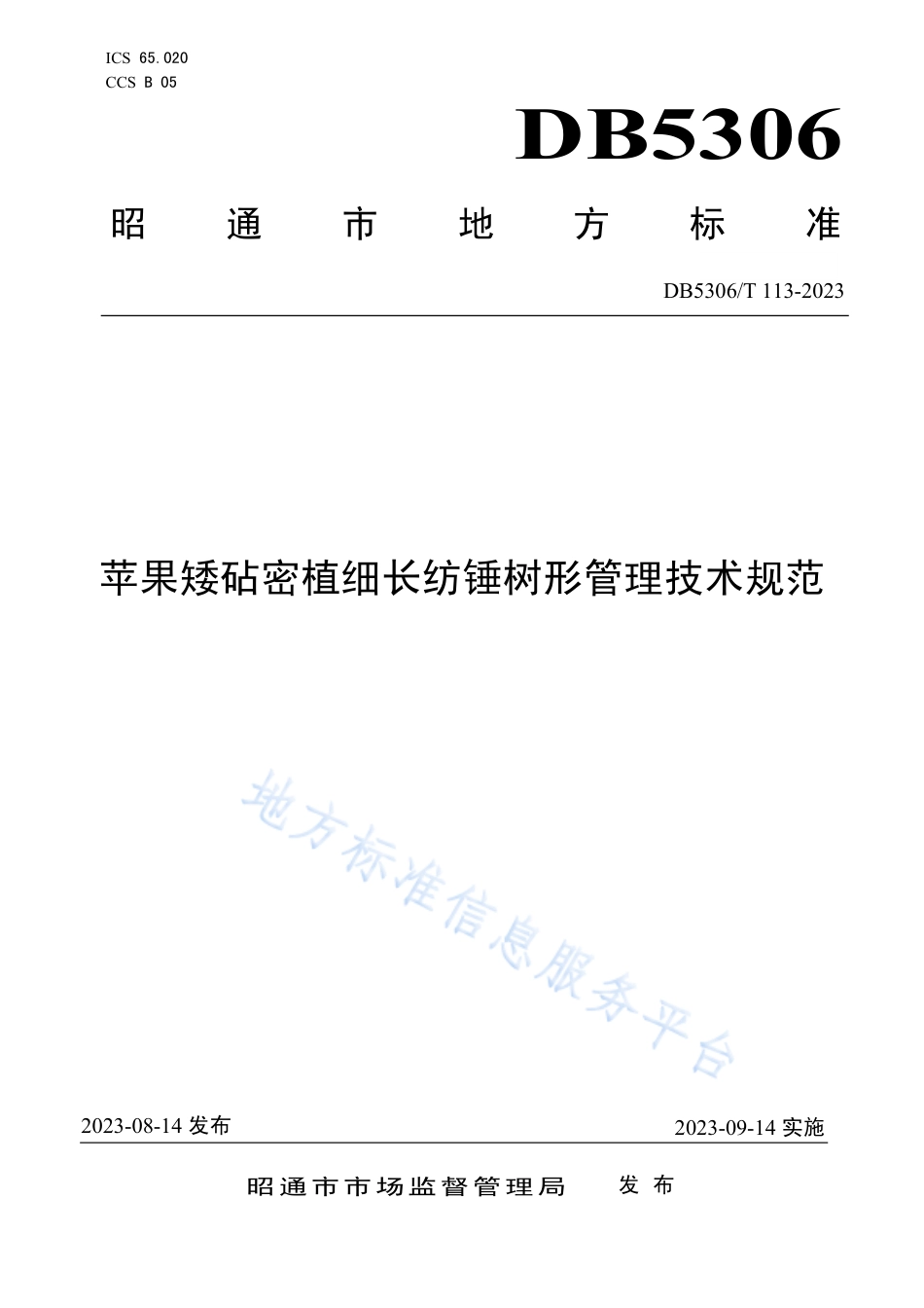 DB5306_T 113－2023苹果矮砧密植细长纺锤树形管理技术规范.pdf_第1页