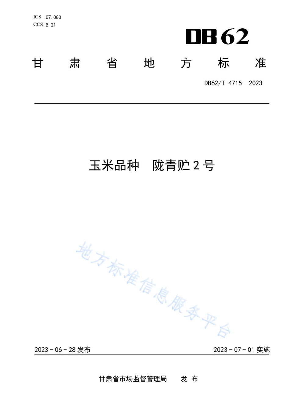 DB62_T 4715-2023玉米品种 陇青贮2号.pdf_第1页