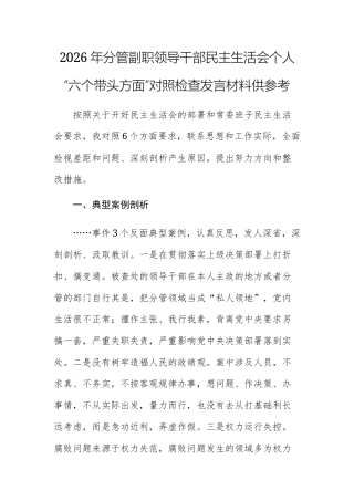 2026年分管副职领导干部民主生活会个人“六个带头方面”对照检查发言材料供参考.docx