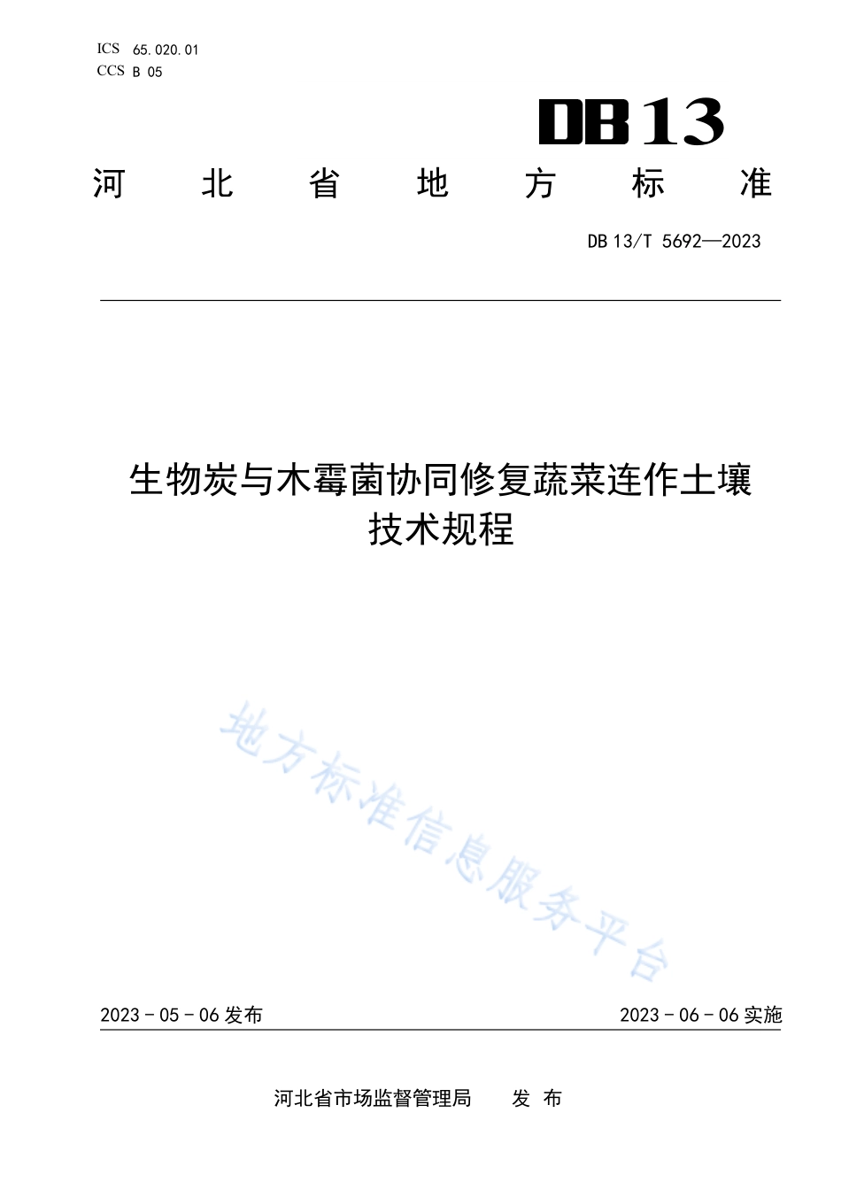 DB13_T 5692-2023生物炭与木霉菌协同修复蔬菜连作土壤技术规程.pdf_第1页