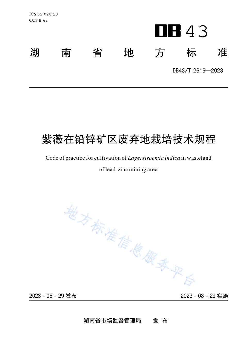DB43_T 2616-2023紫薇在铅锌矿区废弃地栽培技术规程.pdf_第1页