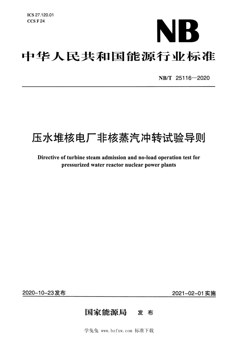 NB_T 25116-2020 压水堆核电厂非核蒸汽冲转试验导则.pdf_第1页