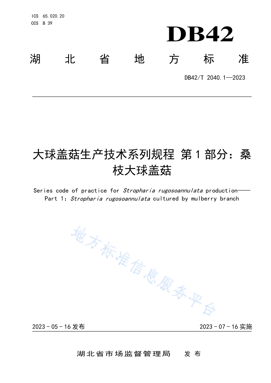 DB42_T 2040.1-2023大球盖菇生产技术系列规程 第1部分：桑枝大球盖菇.pdf_第1页