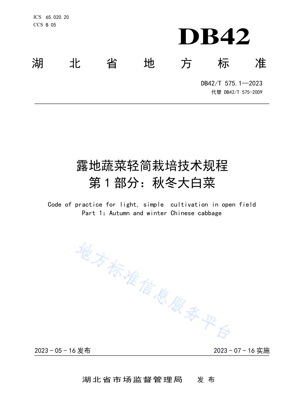 DB42_T 575.1-2023露地蔬菜轻简栽培技术规程 第1部分：秋冬大白菜.pdf_第1页