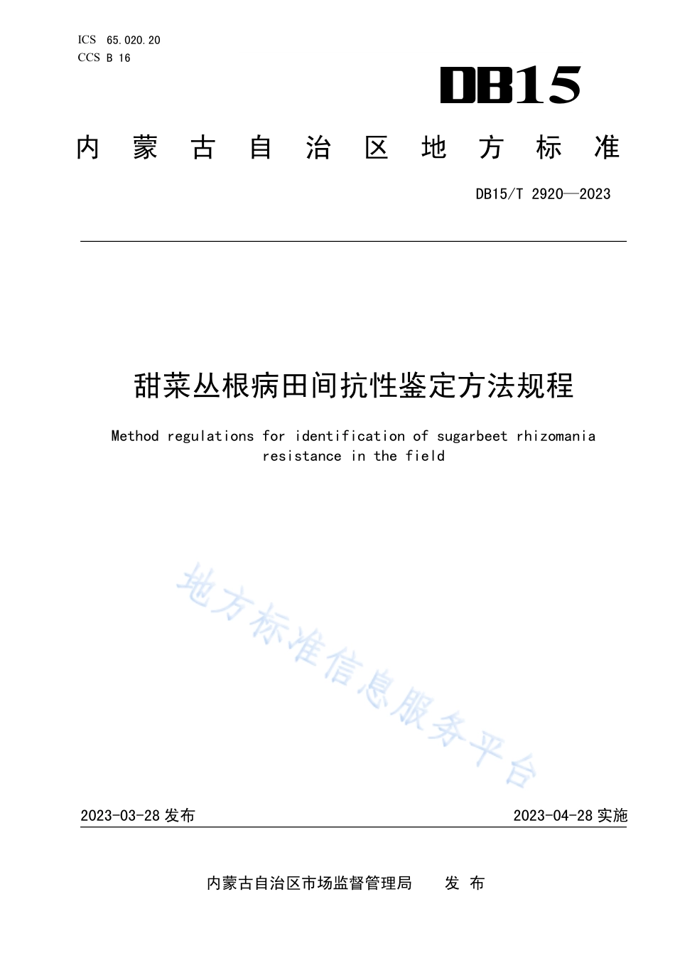 DB15_T 2920—2023甜菜丛根病田间抗性鉴定方法规程.pdf_第1页