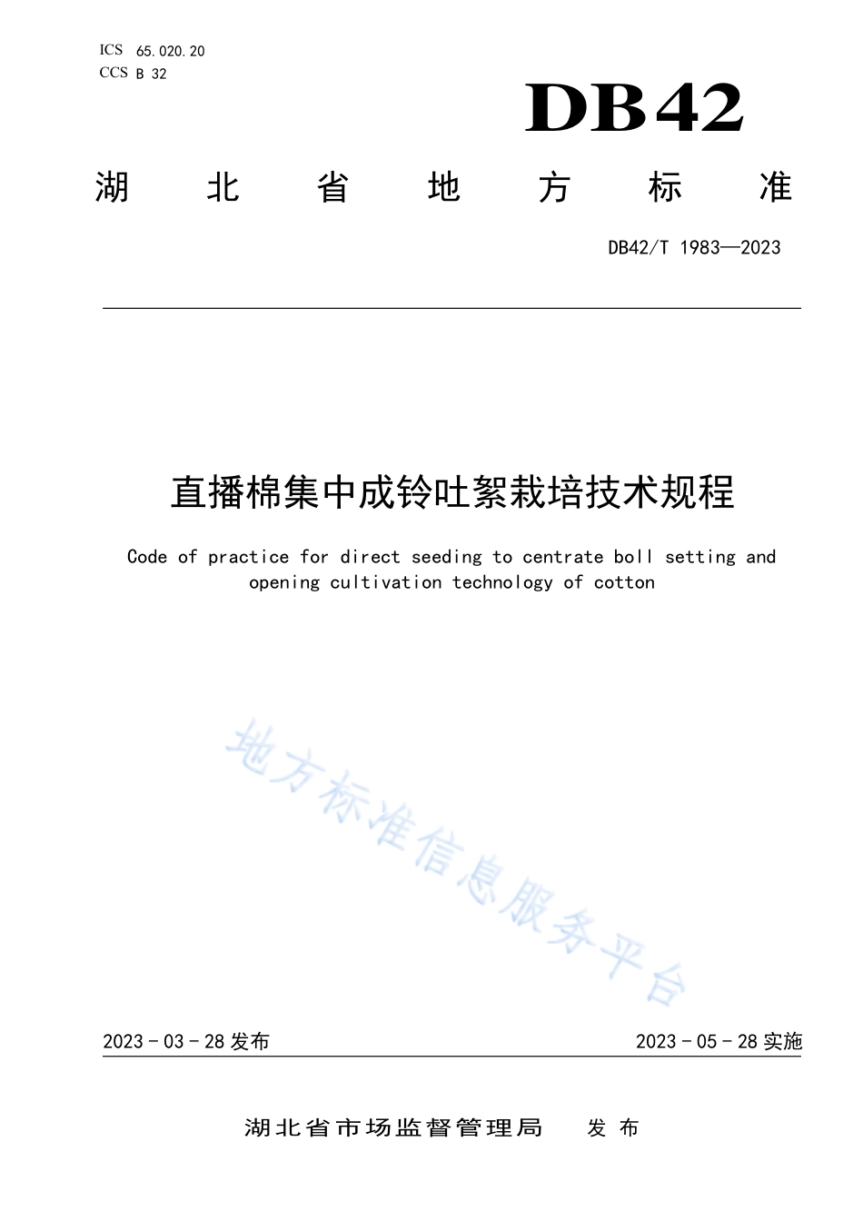 DB42_T 1983-2023直播棉集中成铃吐絮栽培技术规程.pdf_第1页