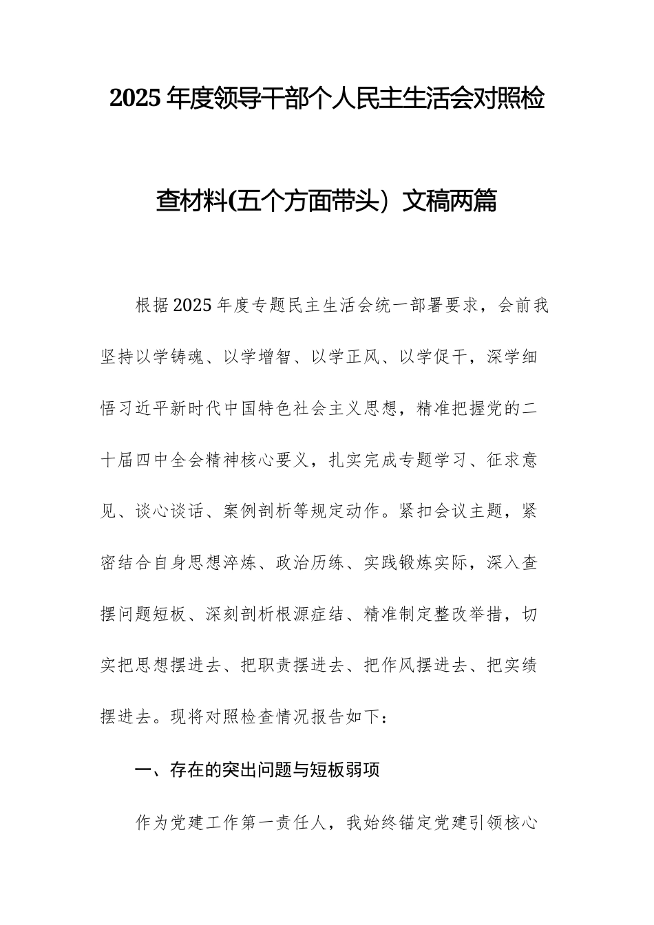 2025年度领导干部个人民主生活会对照检查材料(五个方面带头）文稿两篇.docx_第1页