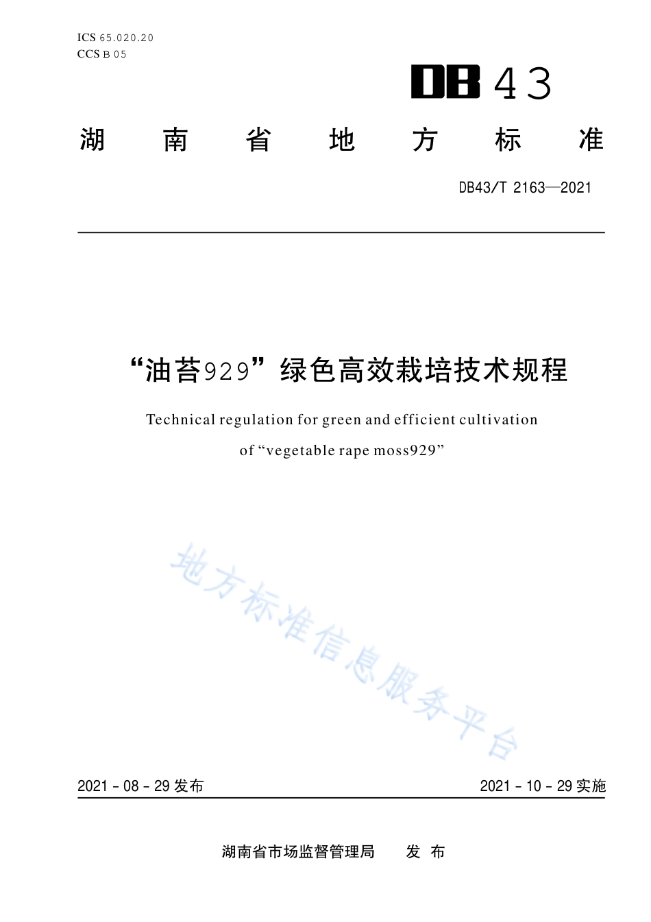 DB43_T 2163-2021油苔929绿色高效栽培技术规程.pdf_第1页