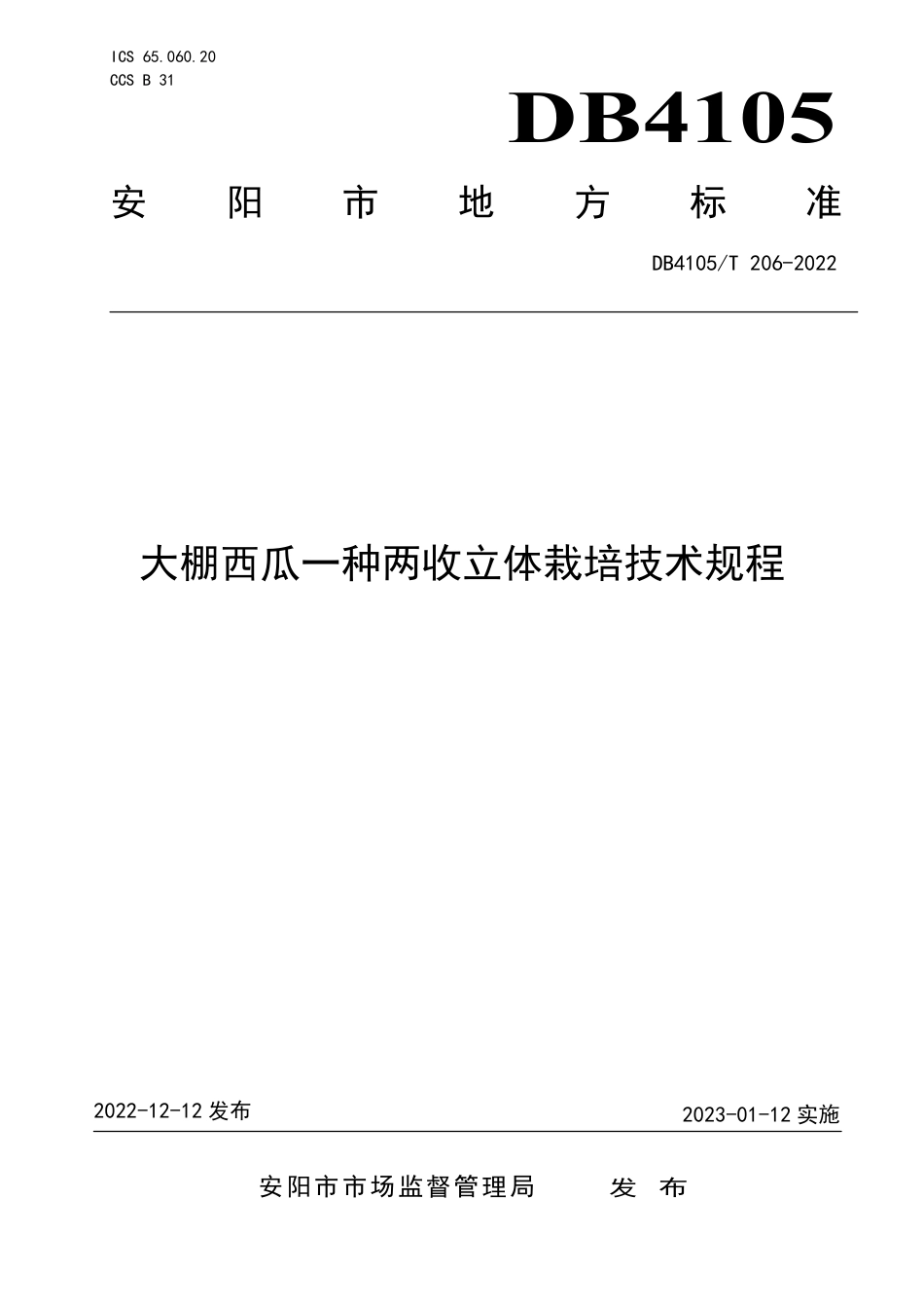DB4105／T 206—2022大棚西瓜一种两收立体栽培技术规程.pdf_第1页
