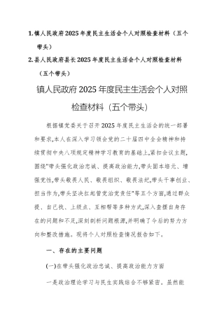 地方机关2025年度民主生活会个人对照检查材料（五个带头）范文两篇.docx