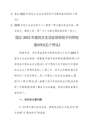 国企2025年度民主生活会领导班子对照检查材料(五个带头)范文.docx