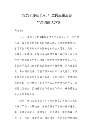 党员干部在2025年度民主生活会上的总结讲话范文.docx