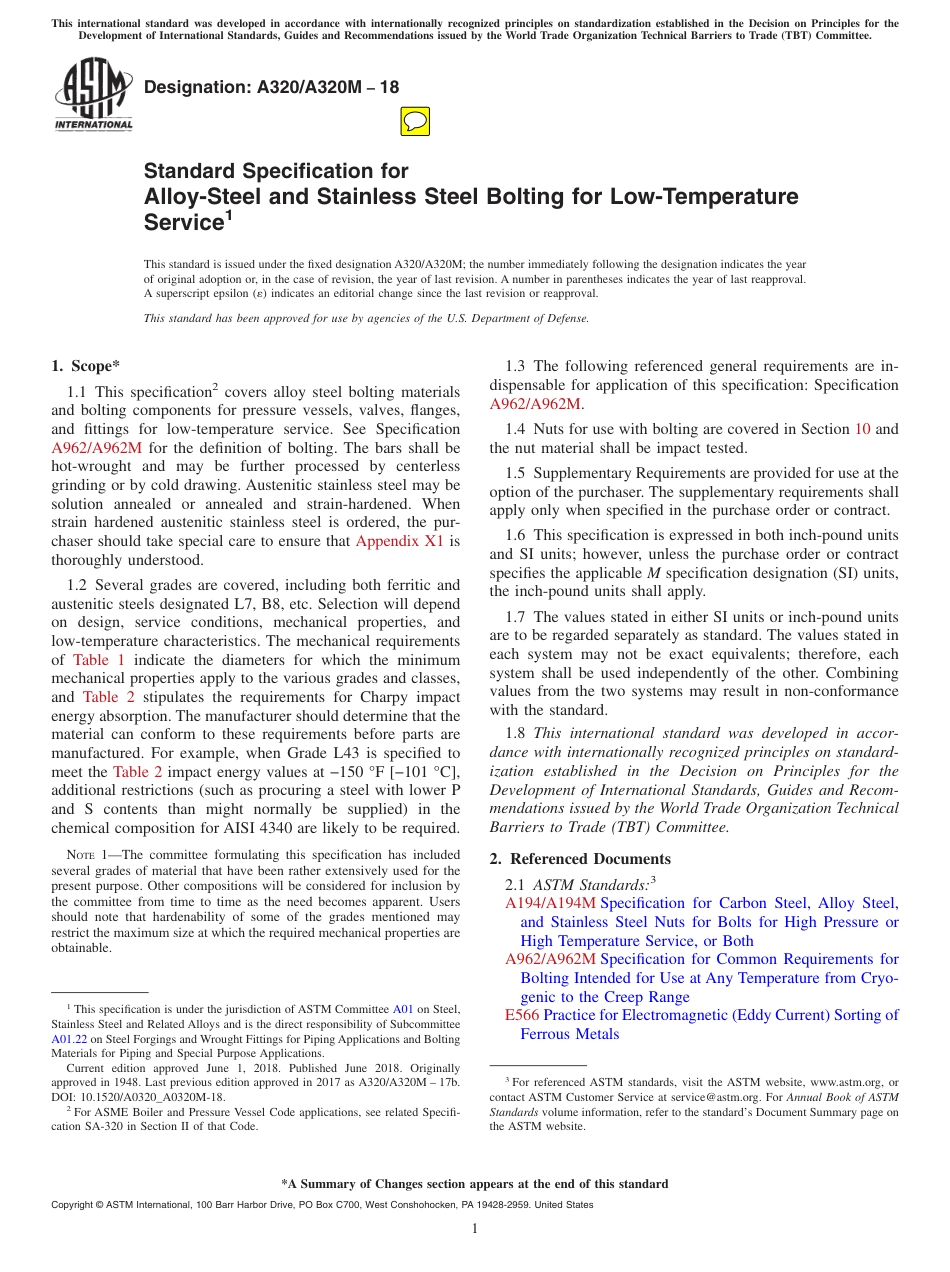 ASTM A320-A320M-18低温用合金钢和不锈钢螺栓(附2015中文版).pdf_第1页