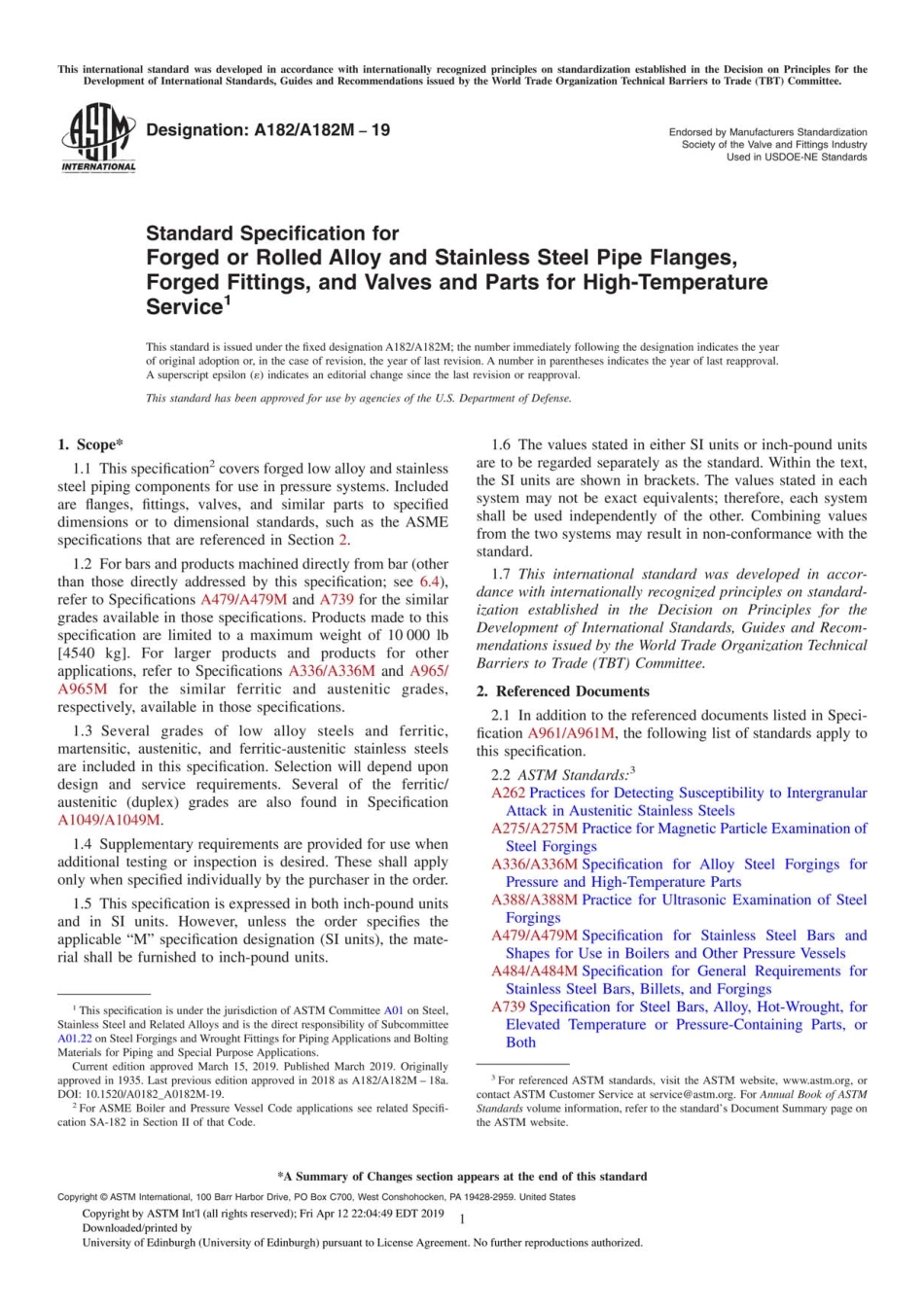 ASTM A182A182M-19 Standard Specification for Forged or Rolled Alloy and Stainless Steel Pipe Flanges, Forged Fittings, and Valve.pdf_第1页