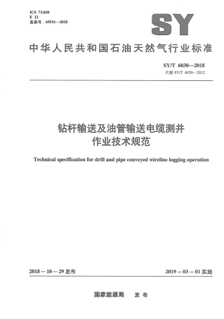 SY∕T 6030-2018 钻杆输送及油管输送电缆测井作业技术规范.pdf