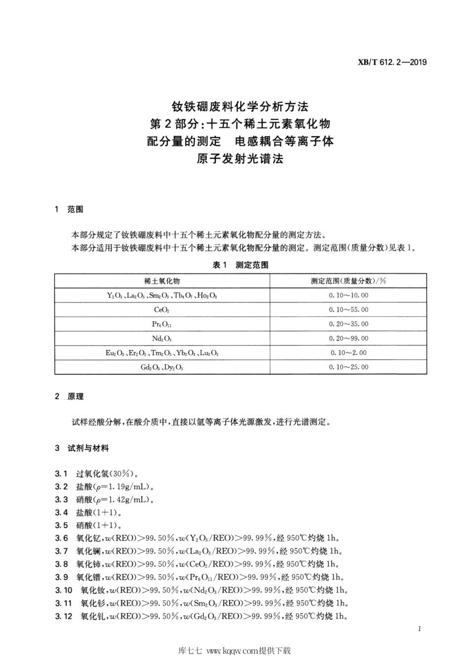 XB∕T 612.2-2019 钕铁硼废料化学分析方法 第2部分：十五个稀土元素氧化物配分量的测定 电感耦合等离子体原子发射光谱法.pdf_第3页
