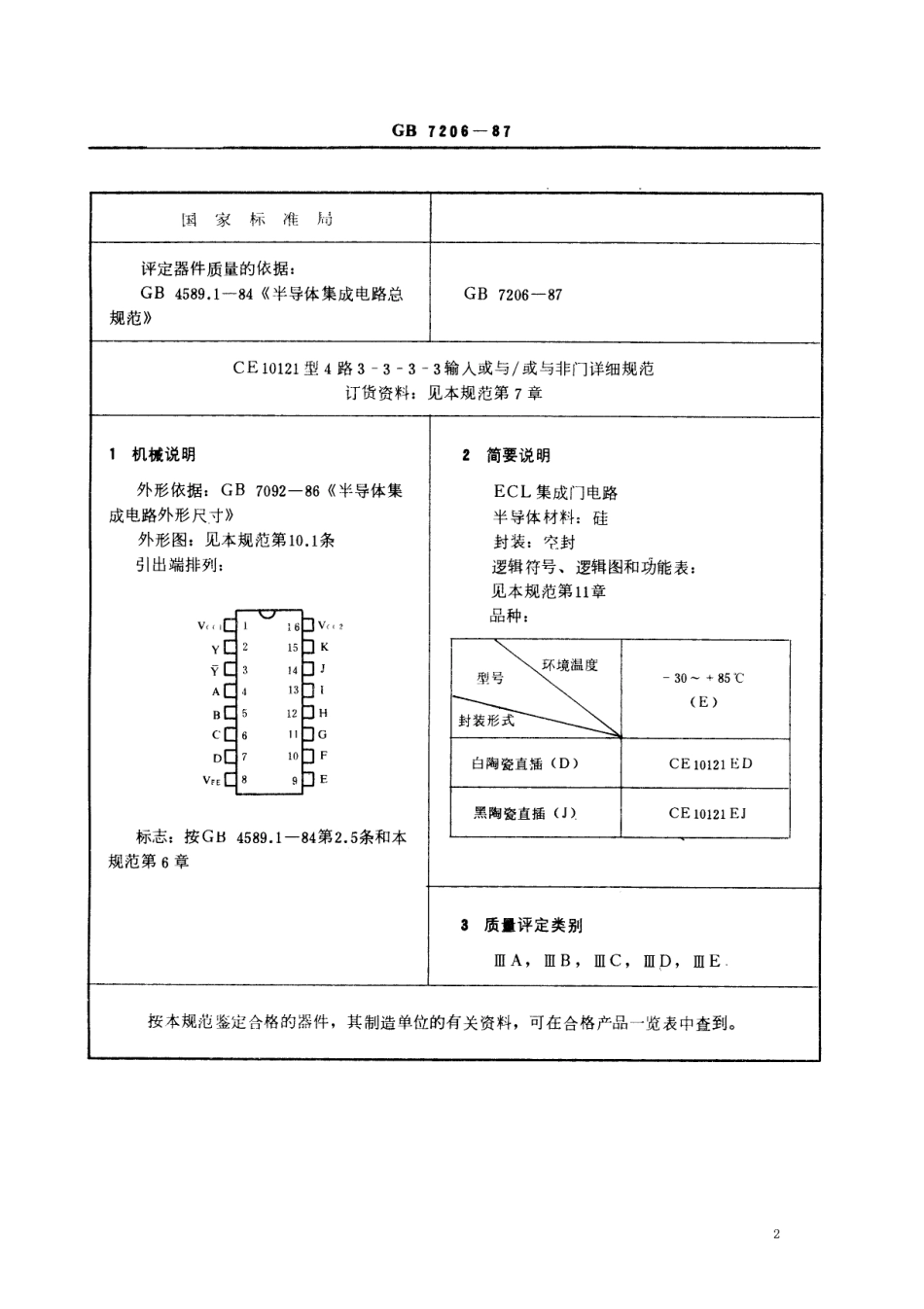 GBT 7206-1987 电子元器件详细规范 半导体集成电路CE10121型ECL4路3-3-3-3输入或与∕或与非门(可供认证用).pdf_第2页