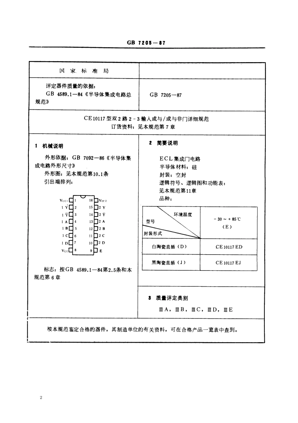GBT 7205-1987 电子元器件详细规范 半导体集成电路CE10117型ECL双2路2-3输入或与∕或与非门(可供认证用).pdf_第2页