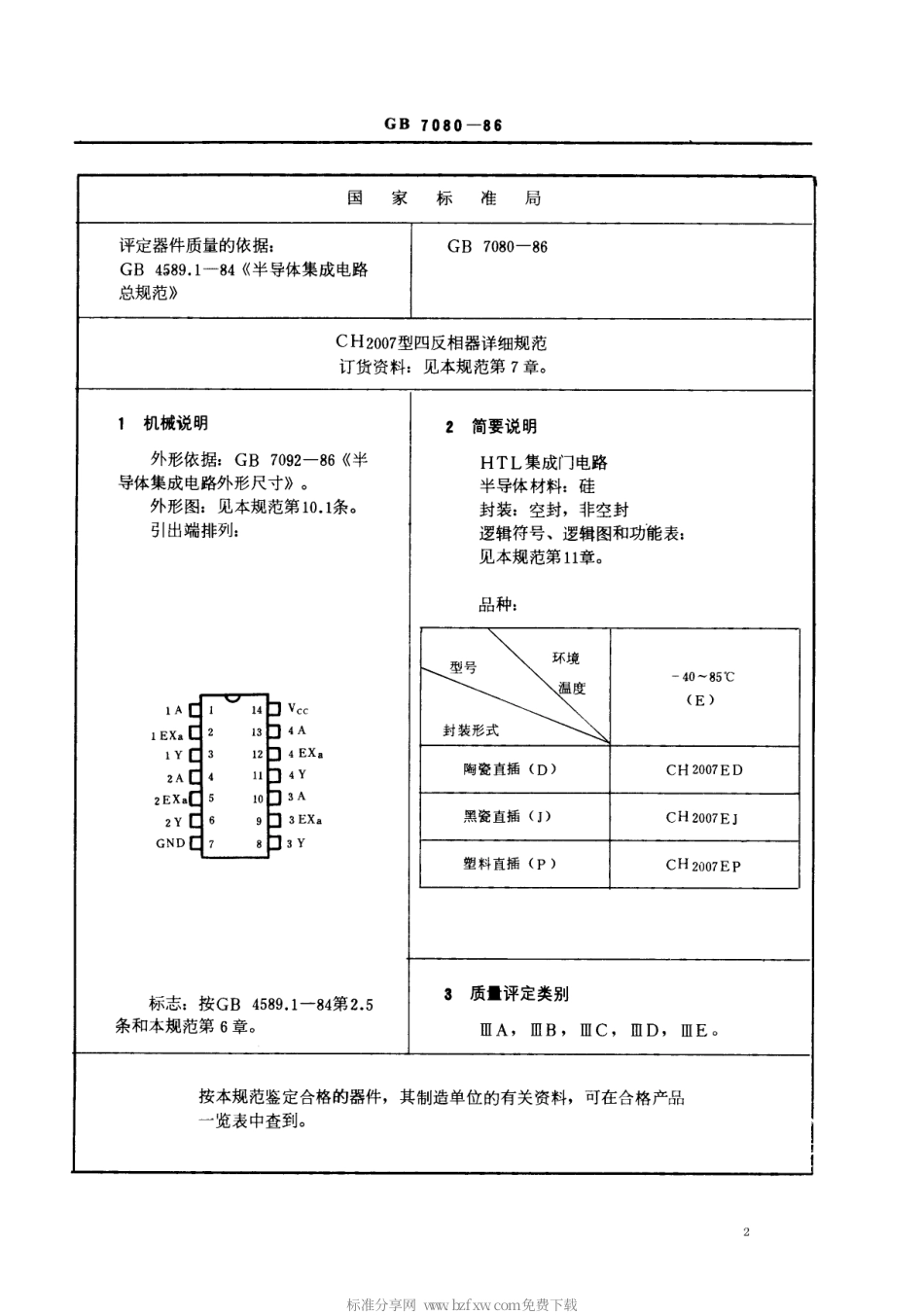 GBT 7080-1986 电子元器件详细规范 半导体集成电路CH2007型HTL四反相器.pdf_第2页