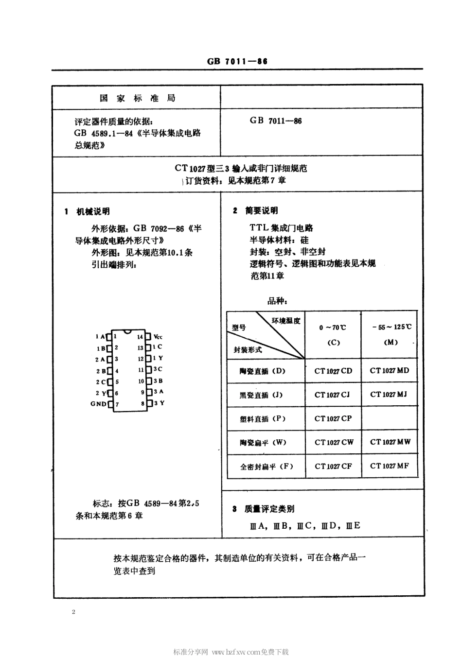 GBT 7011-1986 电子元器件详细规范 半导体集成电路CT1027型TTL三3输入或非门(可供认证用).pdf_第2页