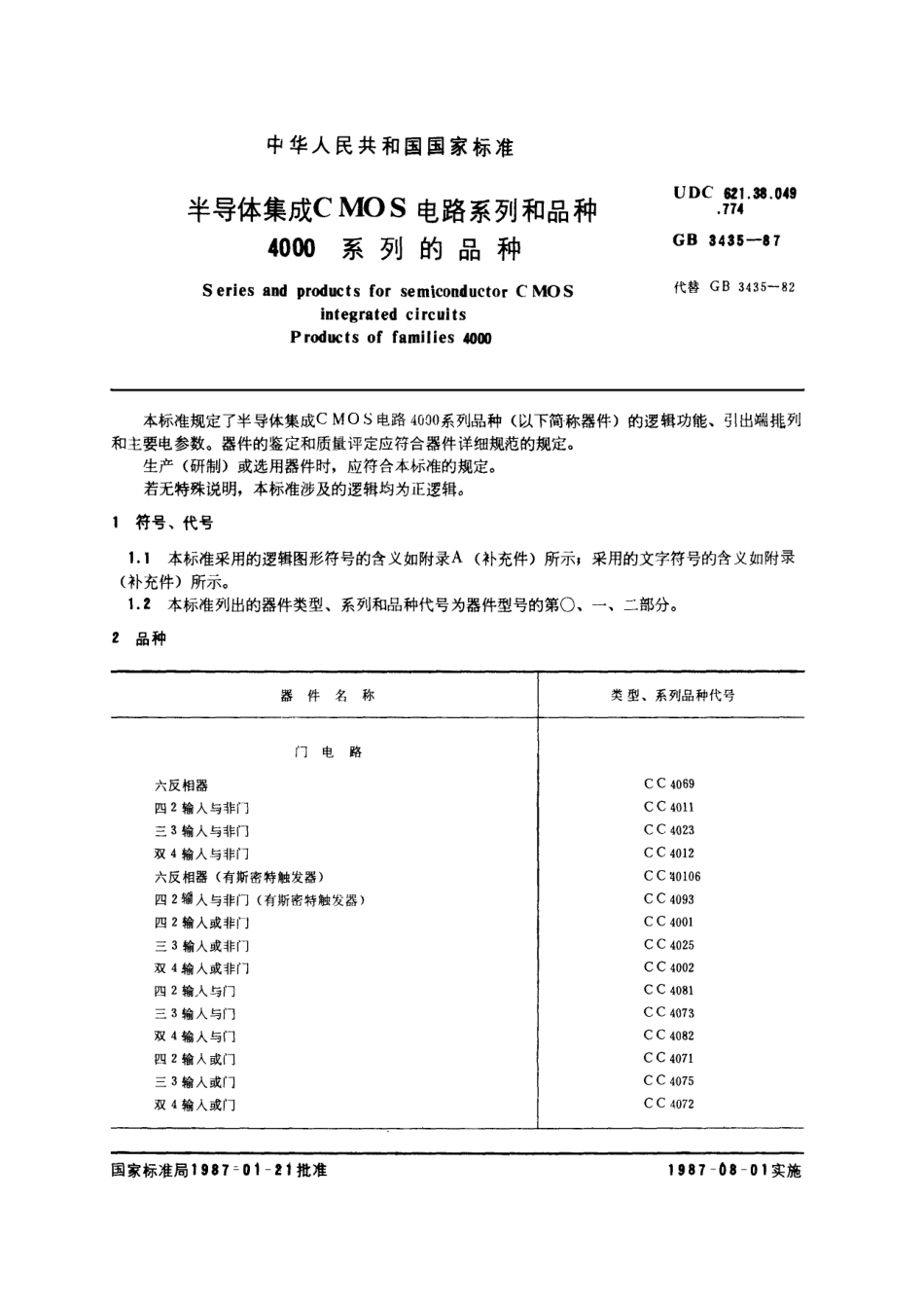 GBT 3435-1987 半导体集成CMOS电路系列和品种 4000系列的品种.pdf_第1页