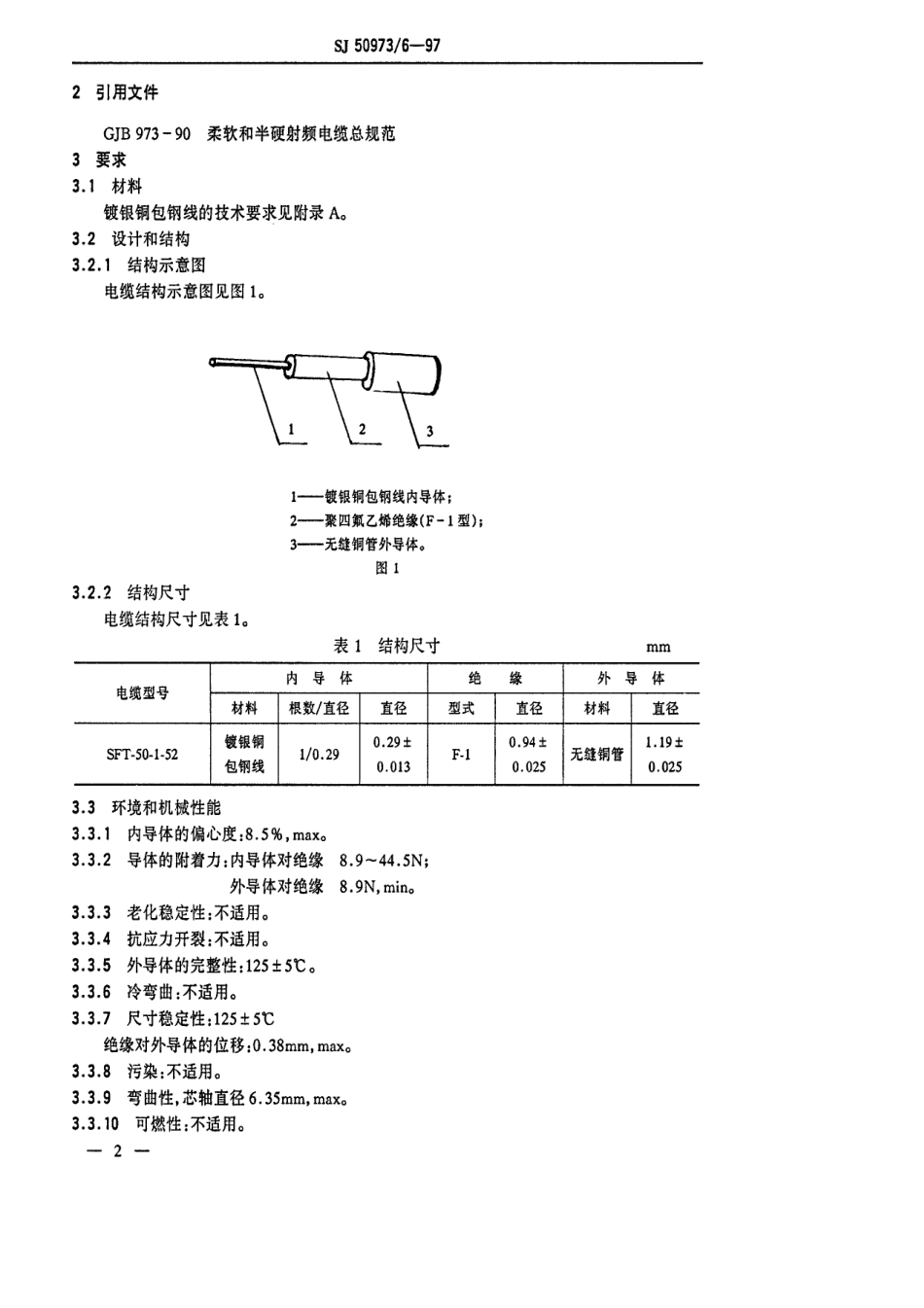 SJ 50973.6-1997 SFT-50-1-52型50Ω、直径1.19mm半硬射频同轴电缆详细规范.pdf_第3页