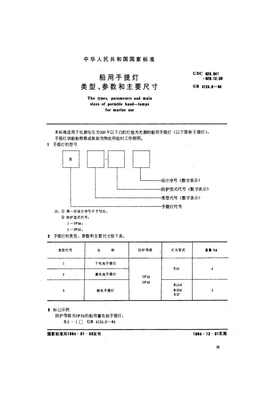 GB 4124.6-1984 船用手提灯类型、参数和主要尺寸.pdf_第1页