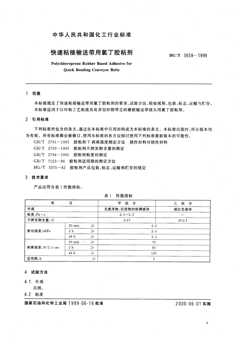 【化工行业标准】HGT 3659-1999 快速粘接输送带用氯丁胶粘剂.pdf_第2页