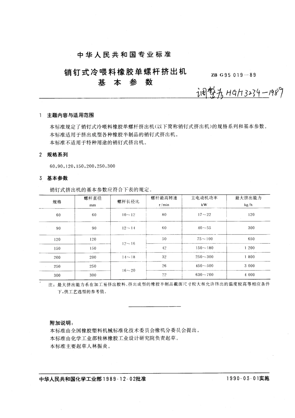 【化工行业标准】HGT 3234-1989 销钉式冷喂料橡胶单螺杆挤出机基本参数.pdf_第2页