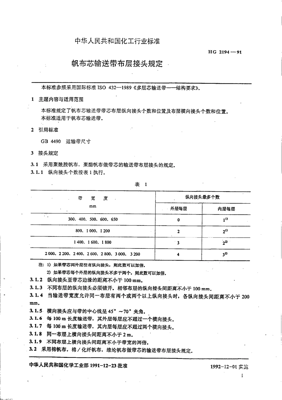 HGT 2194-1991 帆布芯输送带布层接头规定.pdf_第2页