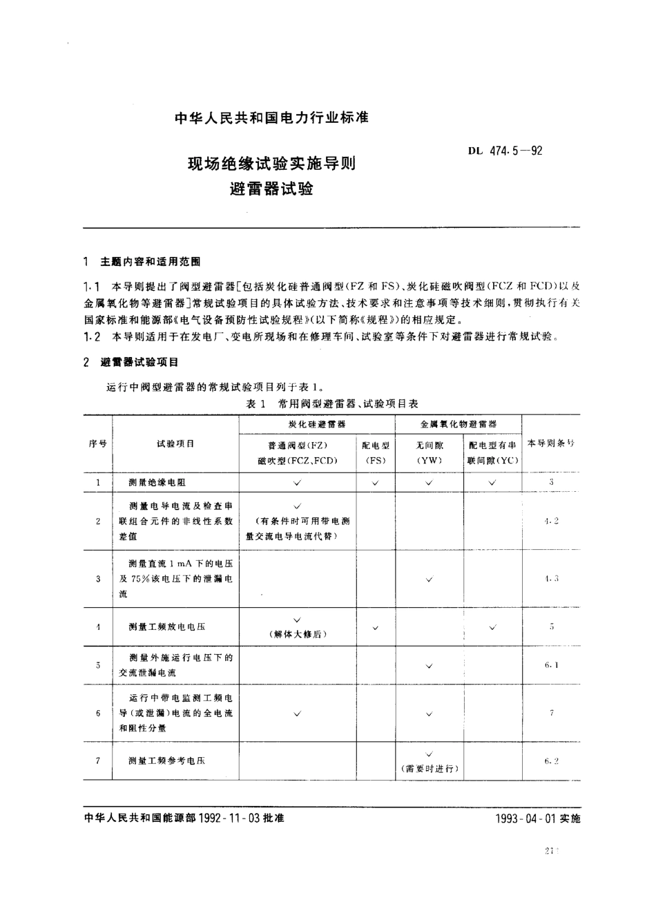 DL 474.5-1992 现场绝缘试验实施导则 避雷器试验.pdf_第1页