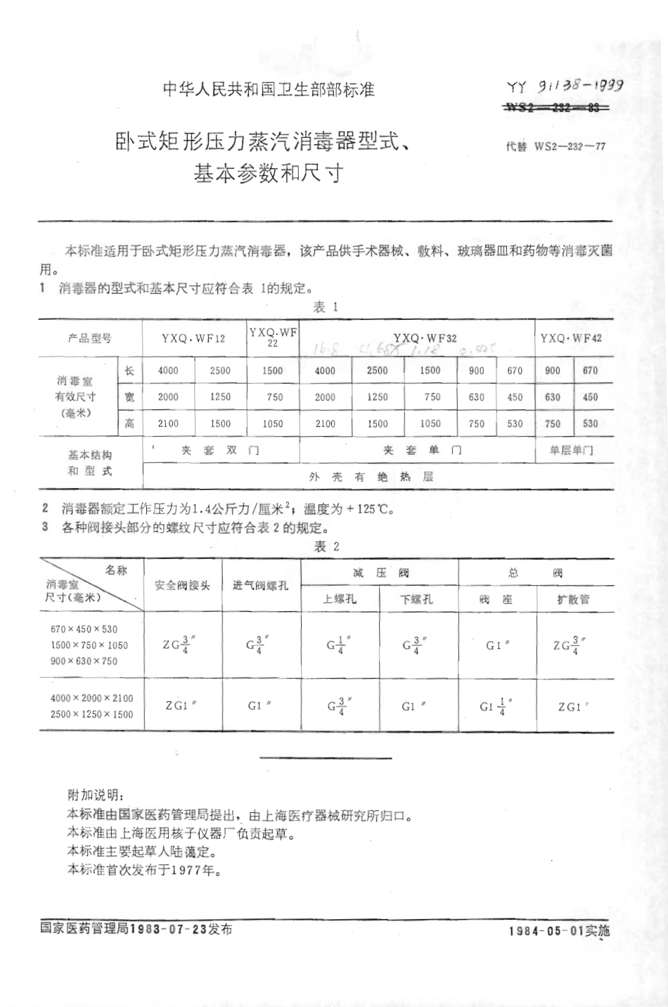 YY 91138-1999 卧式矩形压力蒸汽消毒器型式基本参数和尺寸.pdf_第2页