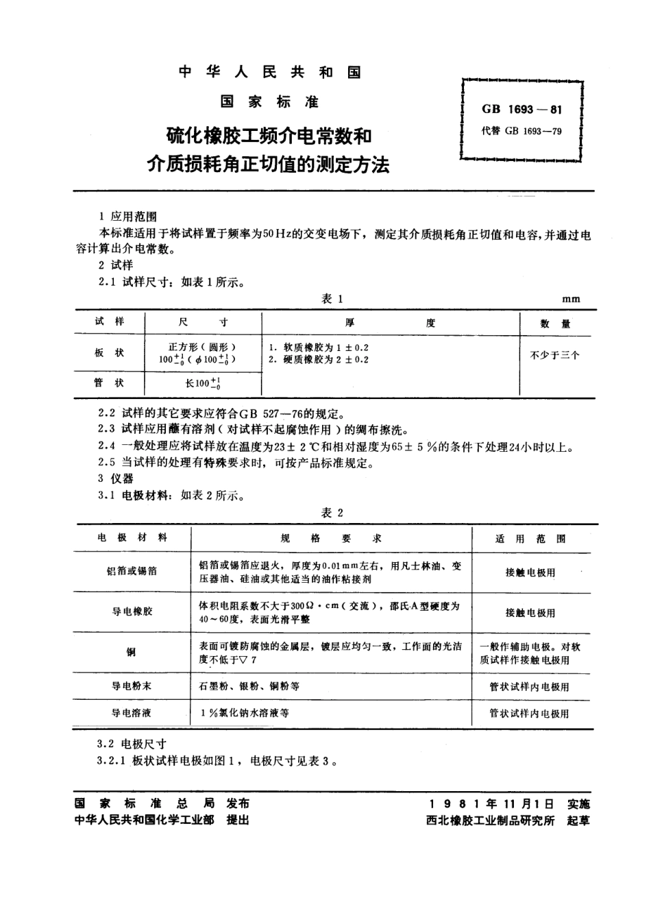 GBT 1693-1981 硫化橡胶工频介电常数和介质损耗角正切值的测定方法.pdf_第1页