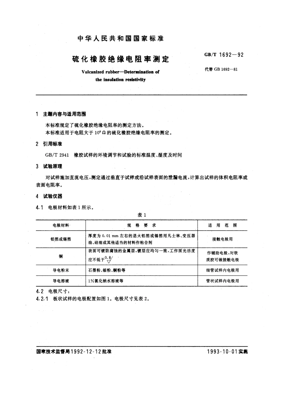 GBT 1692-1992 硫化橡胶绝缘电阻率测定.pdf_第1页