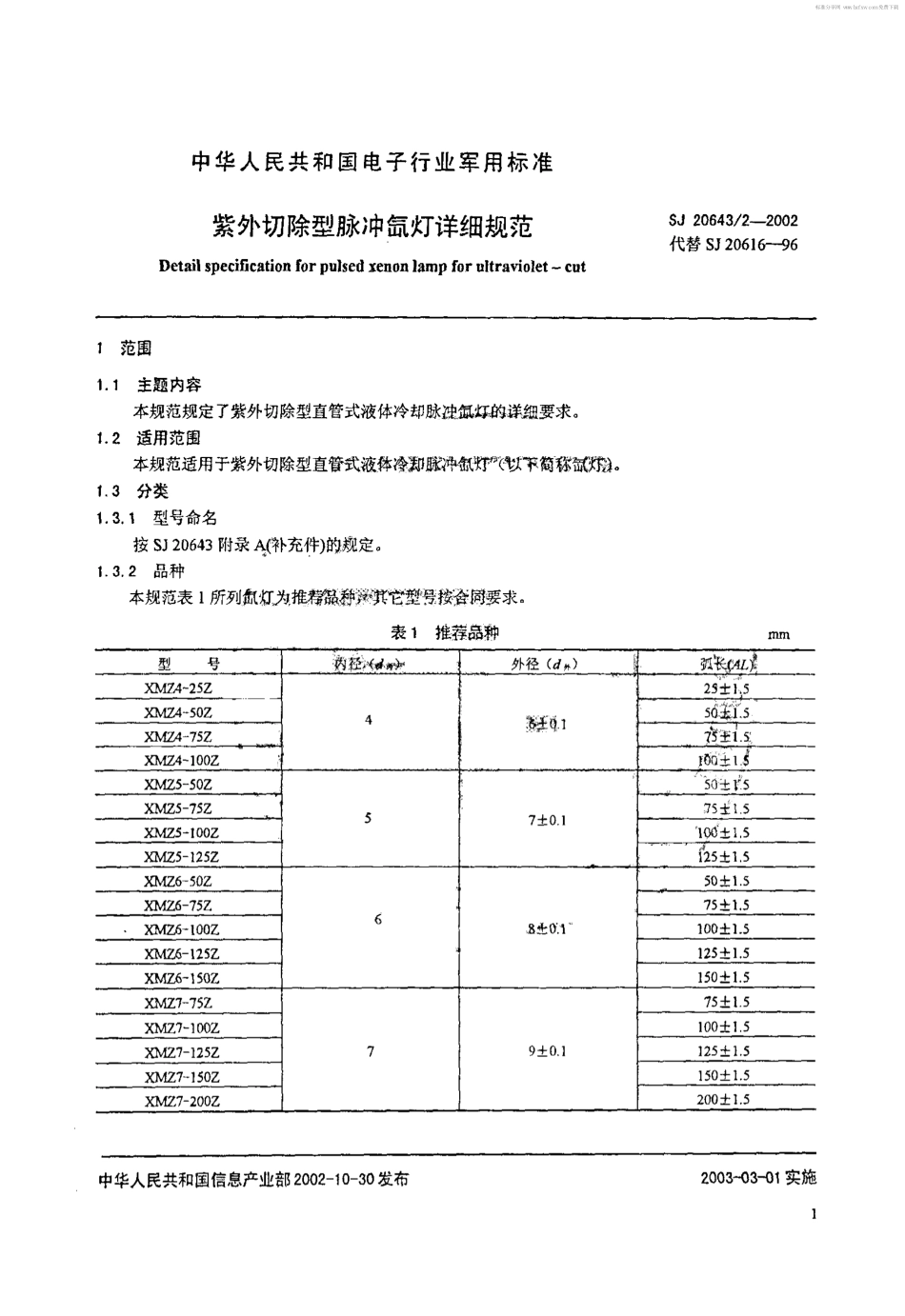 【电子行业军用标准】SJ 20643.2-2002 紫外切除型脉冲氙灯详细规范.pdf_第2页